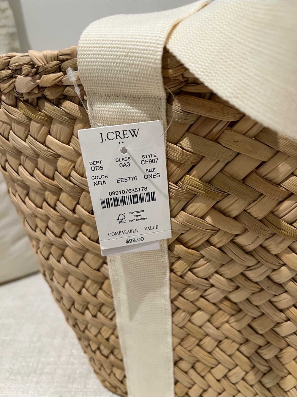 J Crew Woven Straw Tote Bag with Cream Canvas Straps - Picture 5 of 5